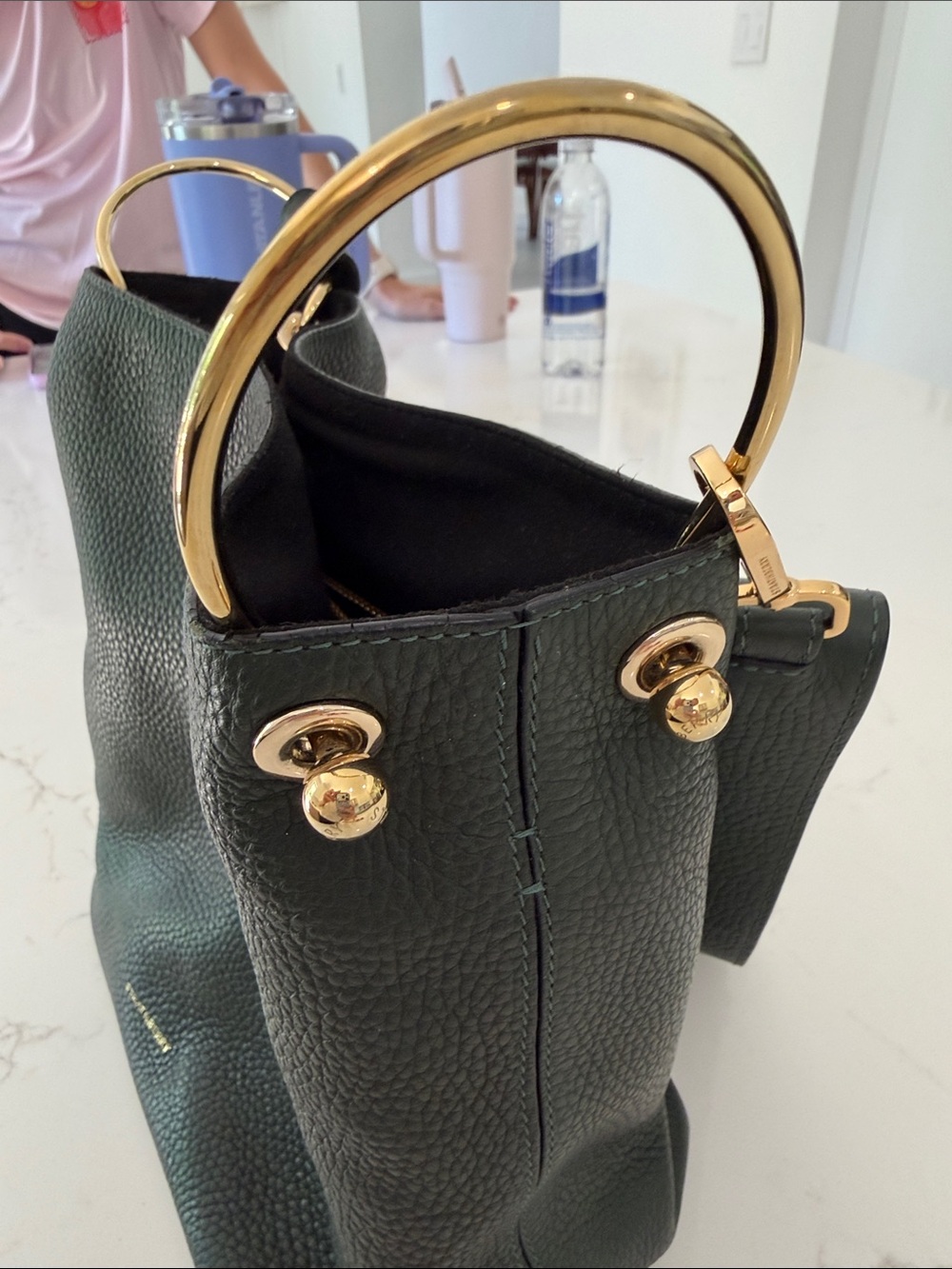 Strathberry Dark Green Pebbled Leather Shoulder Bag with Gold Accents - Picture 4 of 8